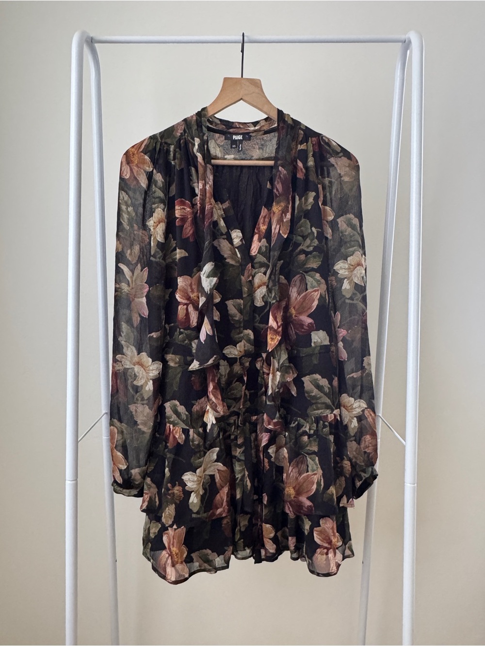 PAIGE Elynne Black/Antique Bisque Sheer Floral Ruffle Tunic - Picture 2 of 10